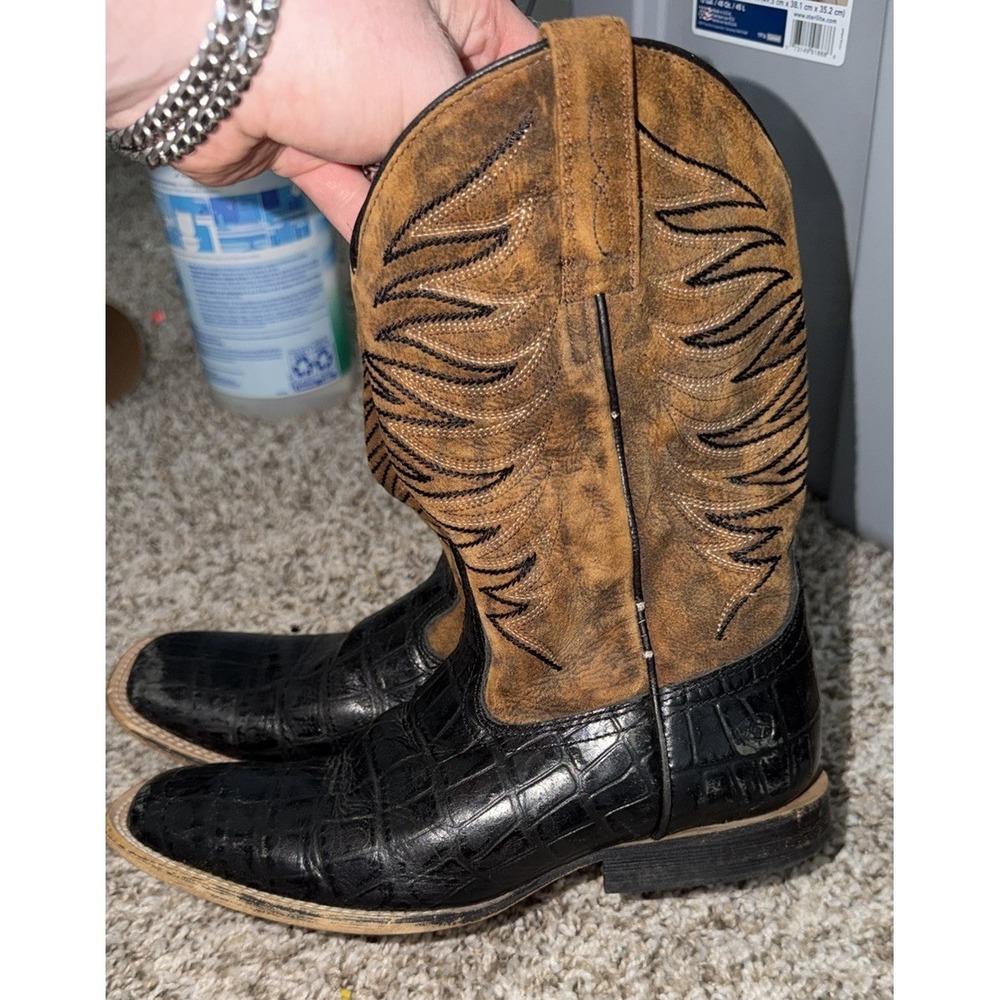 Ariat Brown Black Croc Leather Cowboy Boots Square Toe Size 3.5 Style 10023073